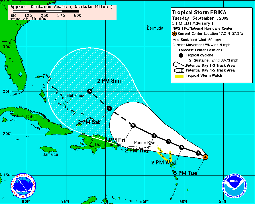 Tropical Storm Erikas projected path