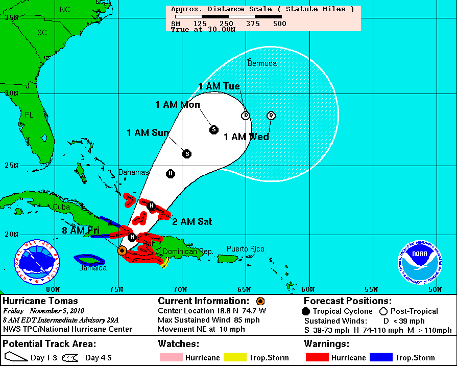 Forecast track of Hurricane Tomas - Courtesy of the NOAA