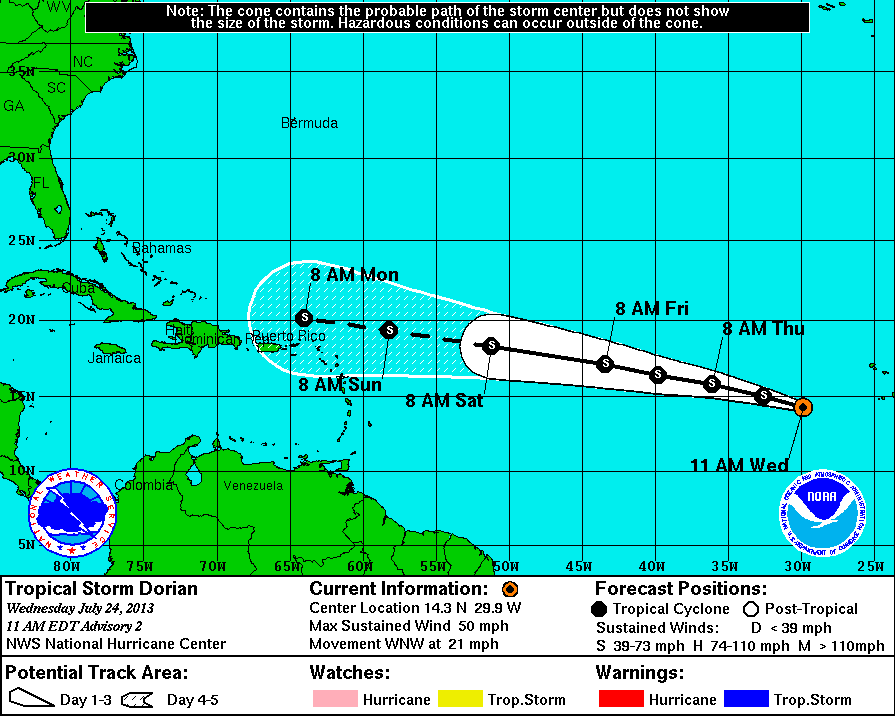 NHC forecast track for Tropical Storm Dorian at 11:00 EDT on Wednesday July 24, 2013