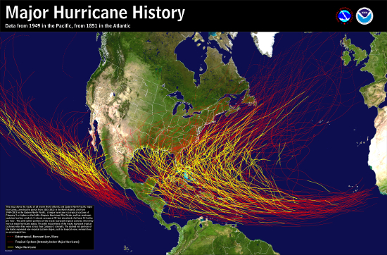 [Major Hurricane History Map for Atlantic and Eastern Pacific]