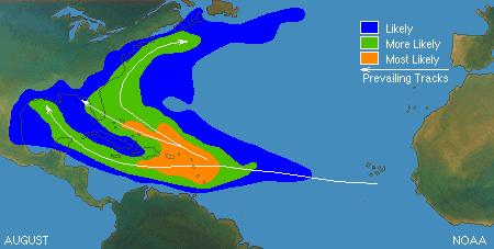Climatología de ciclones tropicales en el mes de Agosto. Fuente: NOAA/NHC.