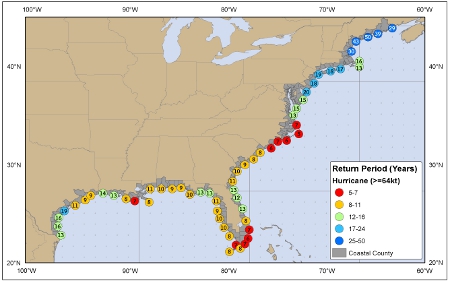 [Map of return period in years for hurricanes passing within 50 nautical miles]