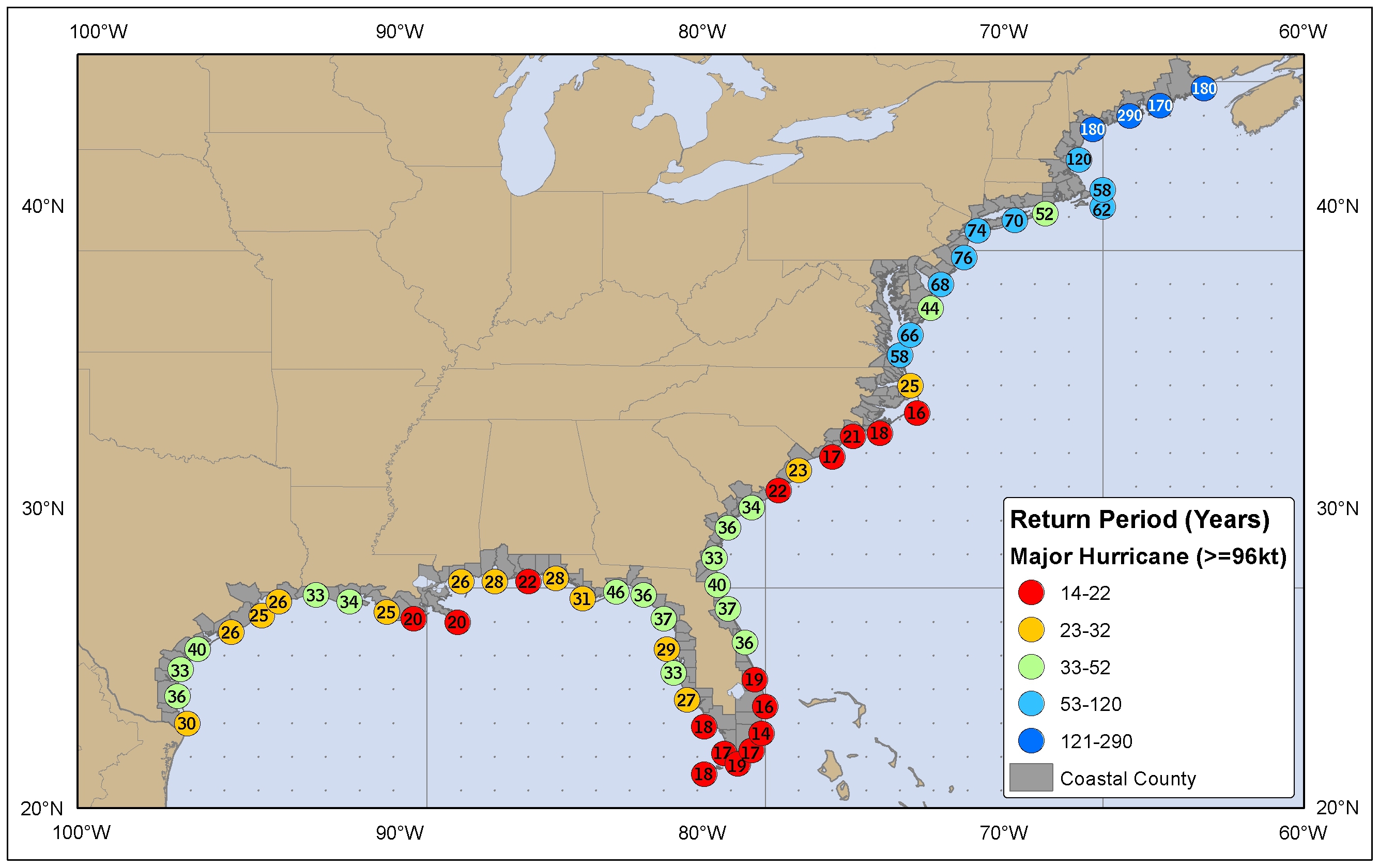 [Map of return period in years for major hurricanes passing within 50 nautical miles]