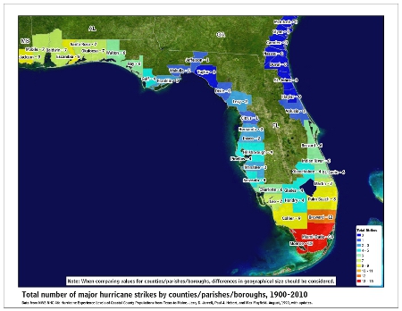 [Map of 1900-2010 Major Hurricane Strikes by U.S. counties/parishes (East Gulf)]