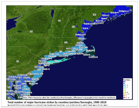 [Map of 1900-2010 Major Hurricane Strikes by U.S. counties/parishes (Northeast)]