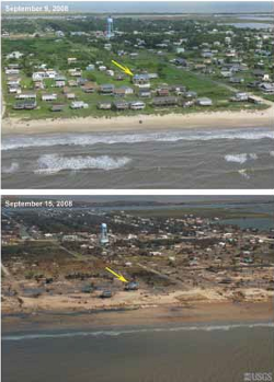 Before and after Hurricane Ike on the Bolivar Peninsula, TX - September 2008/USGS