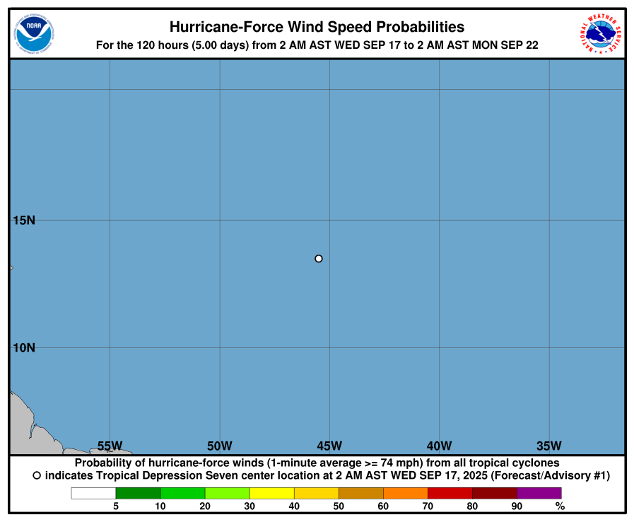 National Hurricane Center Hurricane Wind Probabilities for SEVEN