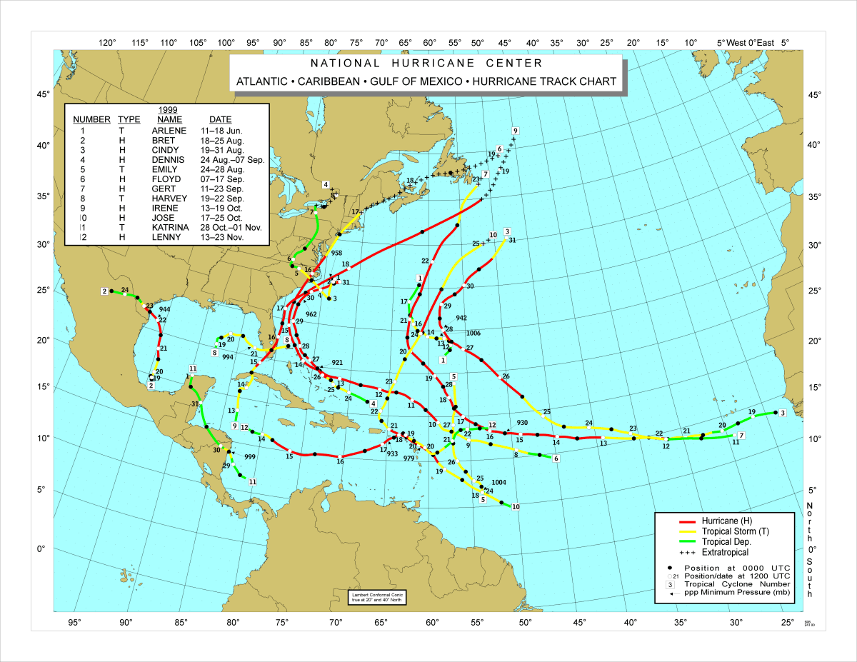 [ Atlantic hurricane tracks, NOAA, 1999 ]