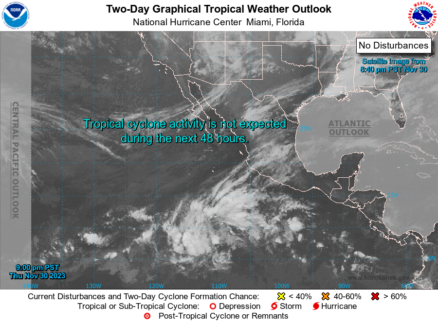 2-day graphical weather outlook showing an infrared image of the eastern North Pacific basin and features of interest