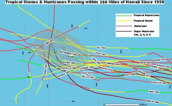 Tropical Storms and Hurricanes Passing within 200 Miles of Hawaii since 1950