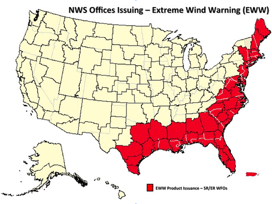 Map of offices that may issue an Extreme Wind Warning