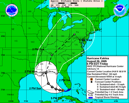 Advisory 14 for Hurricane Katrina issued at 5 PM EDT 26 August 2005.  Note the 72-hour forecast point near the northern Gulf of Mexico coast.