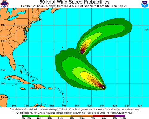 Wind speed probabilities graphics for Hurricane Helene (2006) advisory #17. Graphics show probabilities of wind speeds of at least 50 kt (58 mph) occurring at any point on the map during the 5-day period beginning 8 AM AST September 16. Note that Hurricane Gordon, located to the north of Hurricane Helene, is generating additional wind speed probabilities on this graphic.