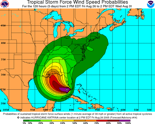 Wind speed probabilities graphics for Hurricane Katrina (2005) advisory #14. Graphics show cumulative probabilities of wind speeds of at least 34 kt (39 mph, tropical storm force) occurring at any point on the map during the 5-day period beginning 2:00 PM EDT August 26.