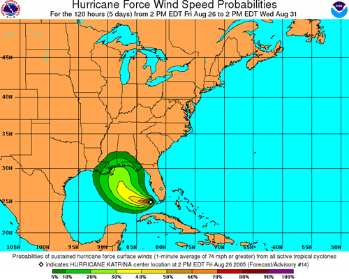 Wind speed probabilities graphics for Hurricane Katrina (2005) advisory #14. Graphics show cumulative probabilities of wind speeds of at least 64 kt (74 mph, hurricane force) occurring at any point on the map during the 5-day period beginning 2:00 PM EDT August 26.