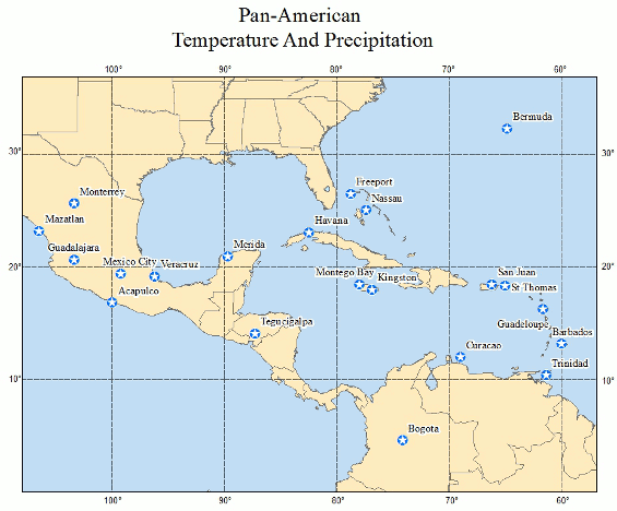 [map of Pan American Temperature and Precipitation Table Stations]