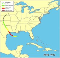Click for a larger map of Hurricane Alicia 1983