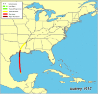 Click for a larger map of Hurricane Audrey 1957