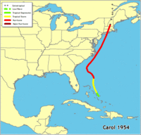 Click for a larger map of Hurricane Carol 1954