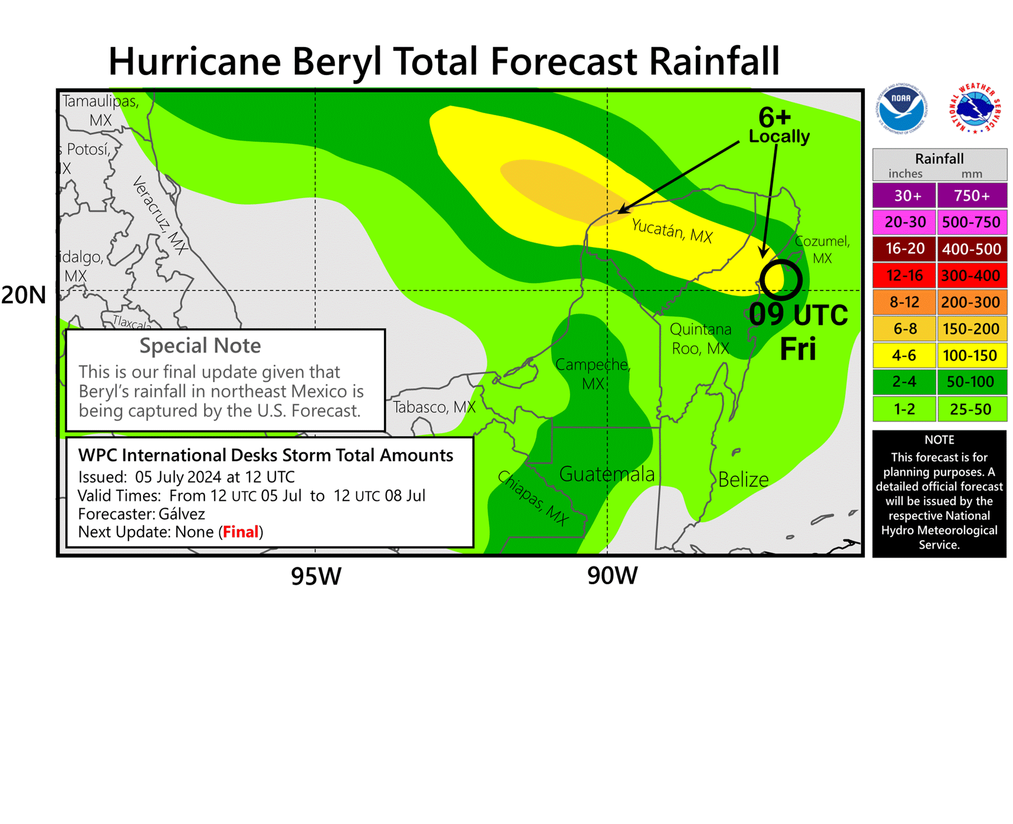 Graph showing potential rainfall Beryl will make as of 12Z, July 3rd.