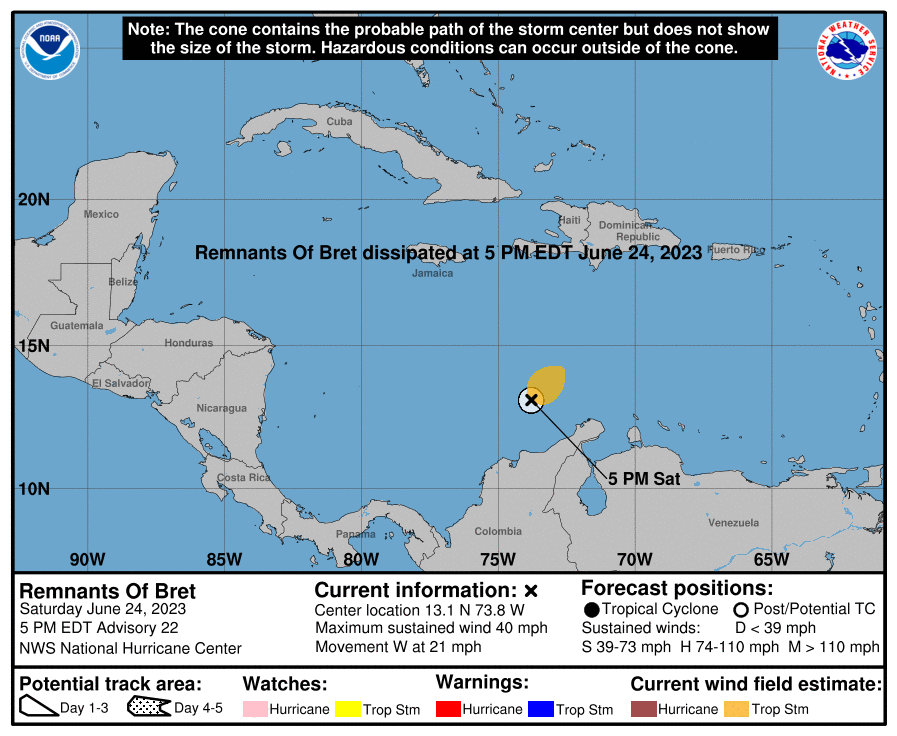 Tropical storm Bret or hurricane Bret, forecast path and tracking map