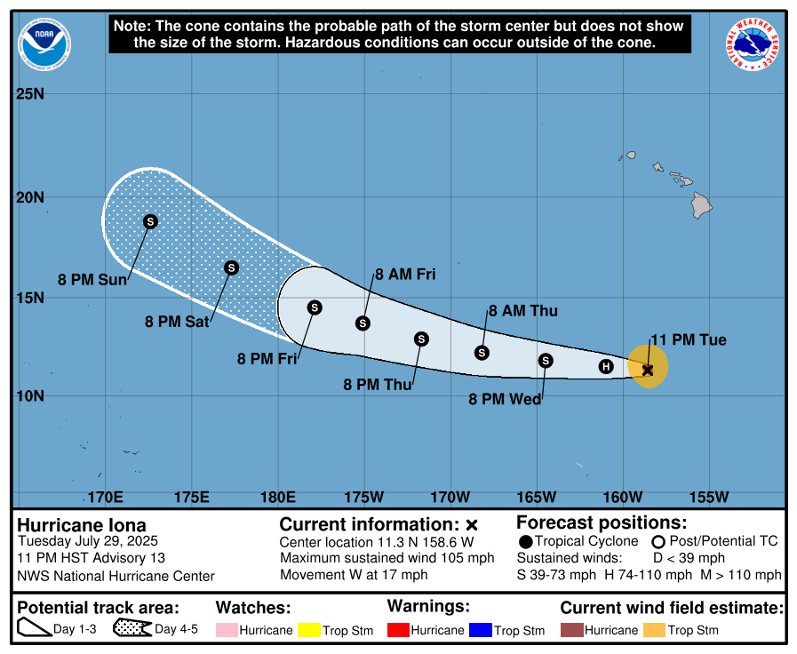 Official forecast cone for Tropical Storm IONA
