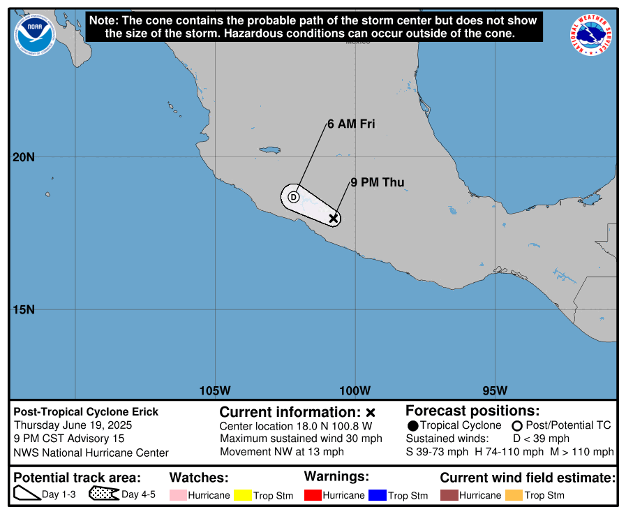 Storm location, 5-day predicted track, and coastal areas under a warning or a watch