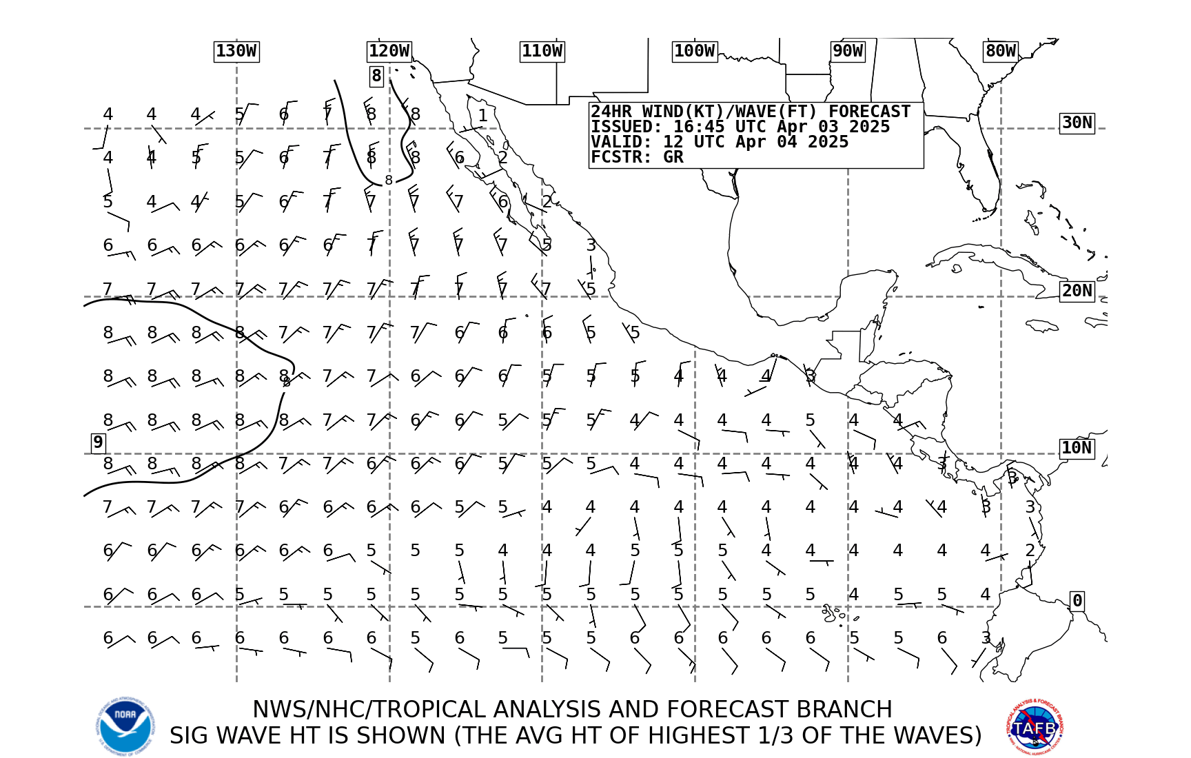 Eastern Pacific Wind/Wave Forecasts - 24 hours