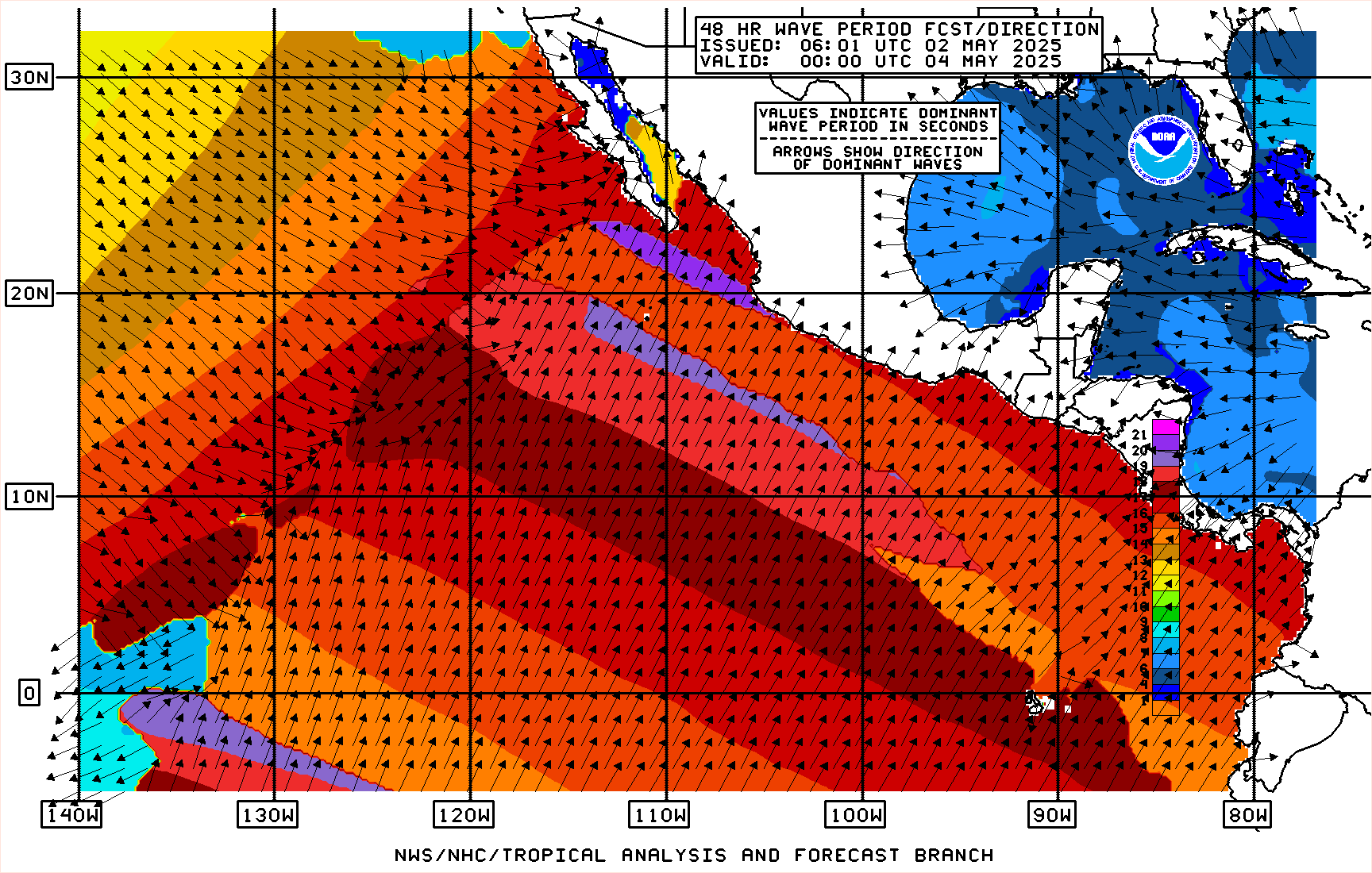 Eastern Pacific Peak Wave Period / Primary Swell Direction