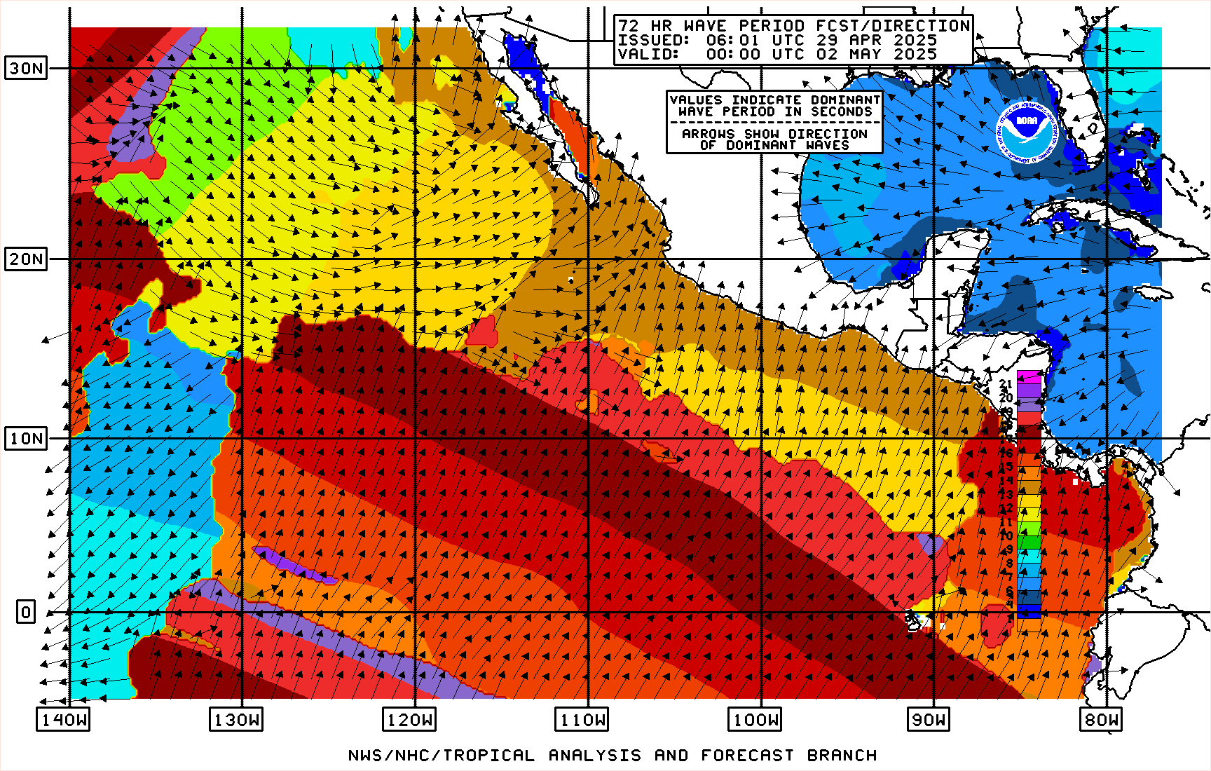 Eastern Pacific Peak Wave Period / Primary Swell Direction