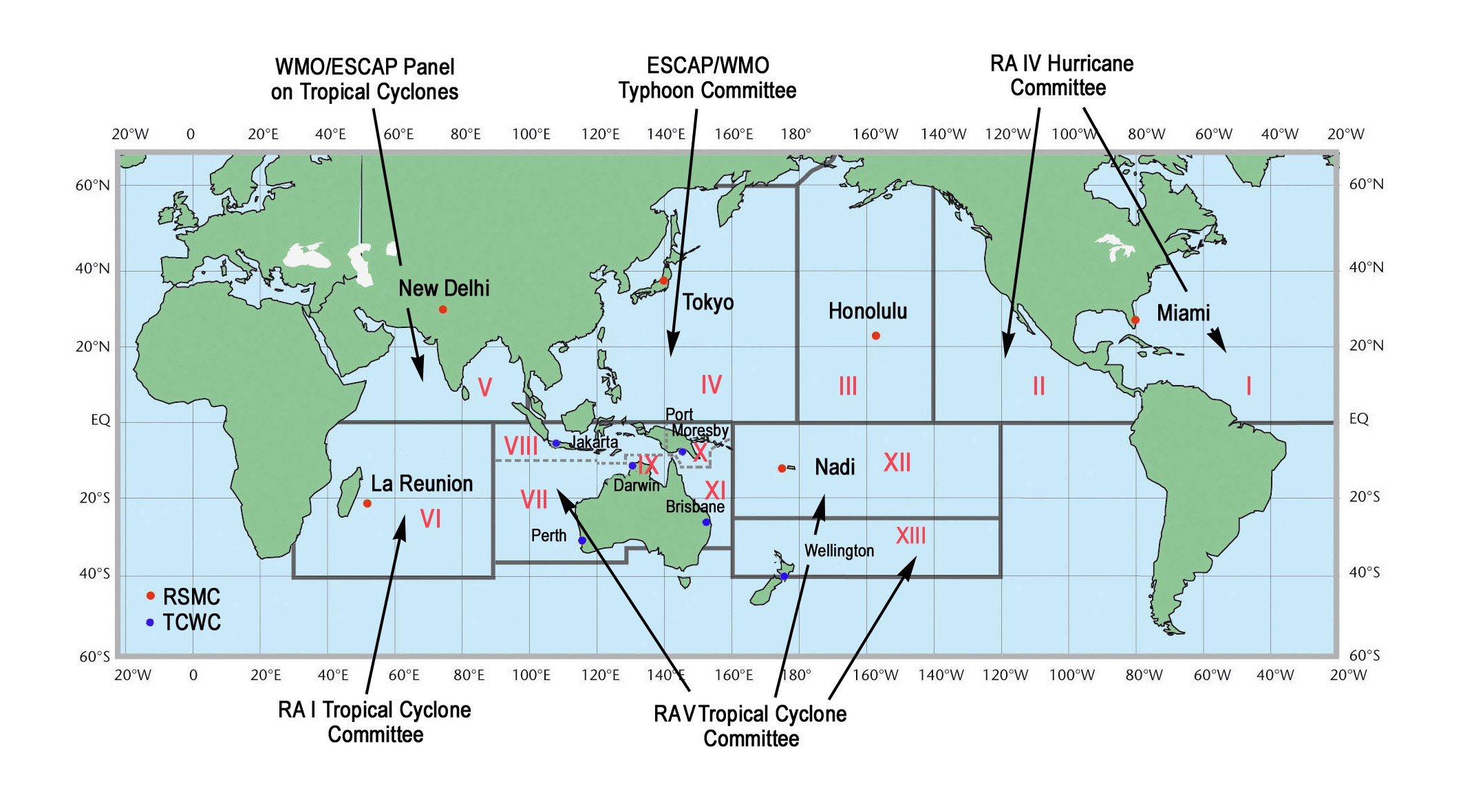 Worldwide map of WMO-designated Tropical Cyclone Regions and Centers